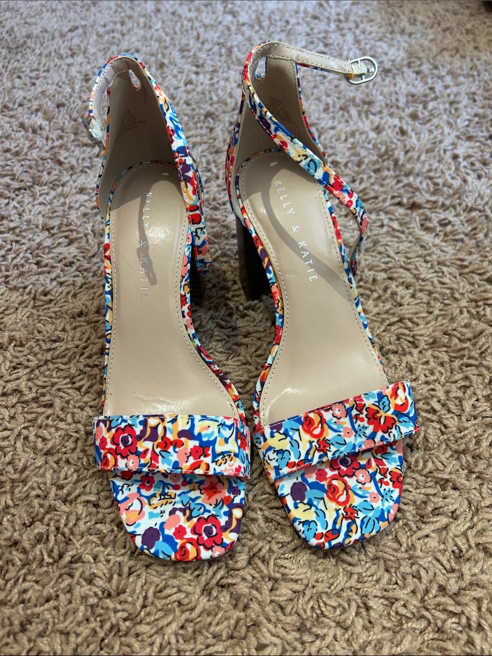 Kelly & Katie Floral Open-Toe Ankle-Strap Heels - Red, Blue, Yellow